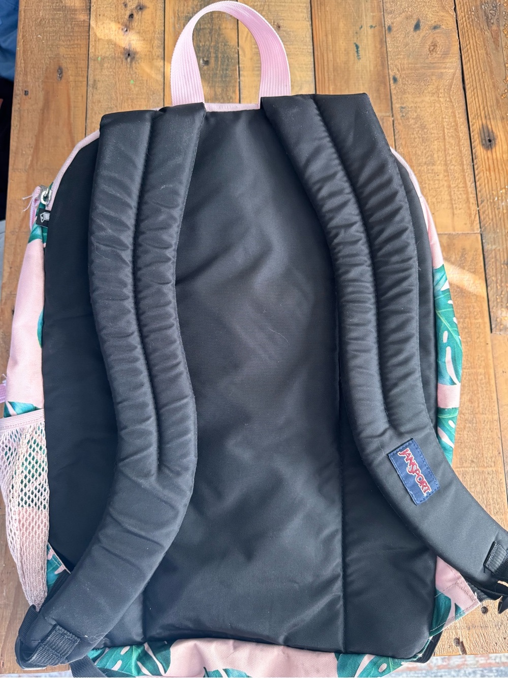 Jansport Pink Backpack with Green Tropical Leaf Print - Picture 7 of 13